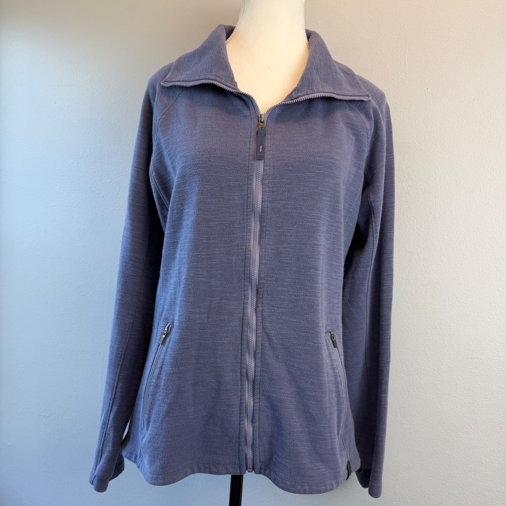 LL Bean Womens Small Blue Full Zip Sweater Jacket‎ Mock Neck Pockets Thumb Holes